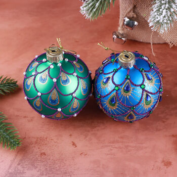 G Decor Hand Painted Glass Christmas Bauble Hanging Decoration Peacock Tail Design In Emerald Green Or Royal Blue, 2 of 3