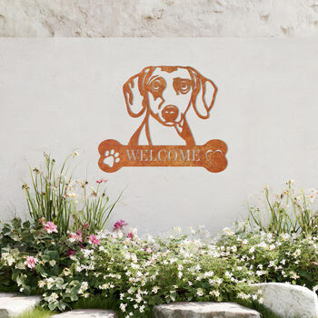 Customisable Dachshund Welcome Metal Wall Art Sign Gift For Home And Garden Decor, 7 of 11