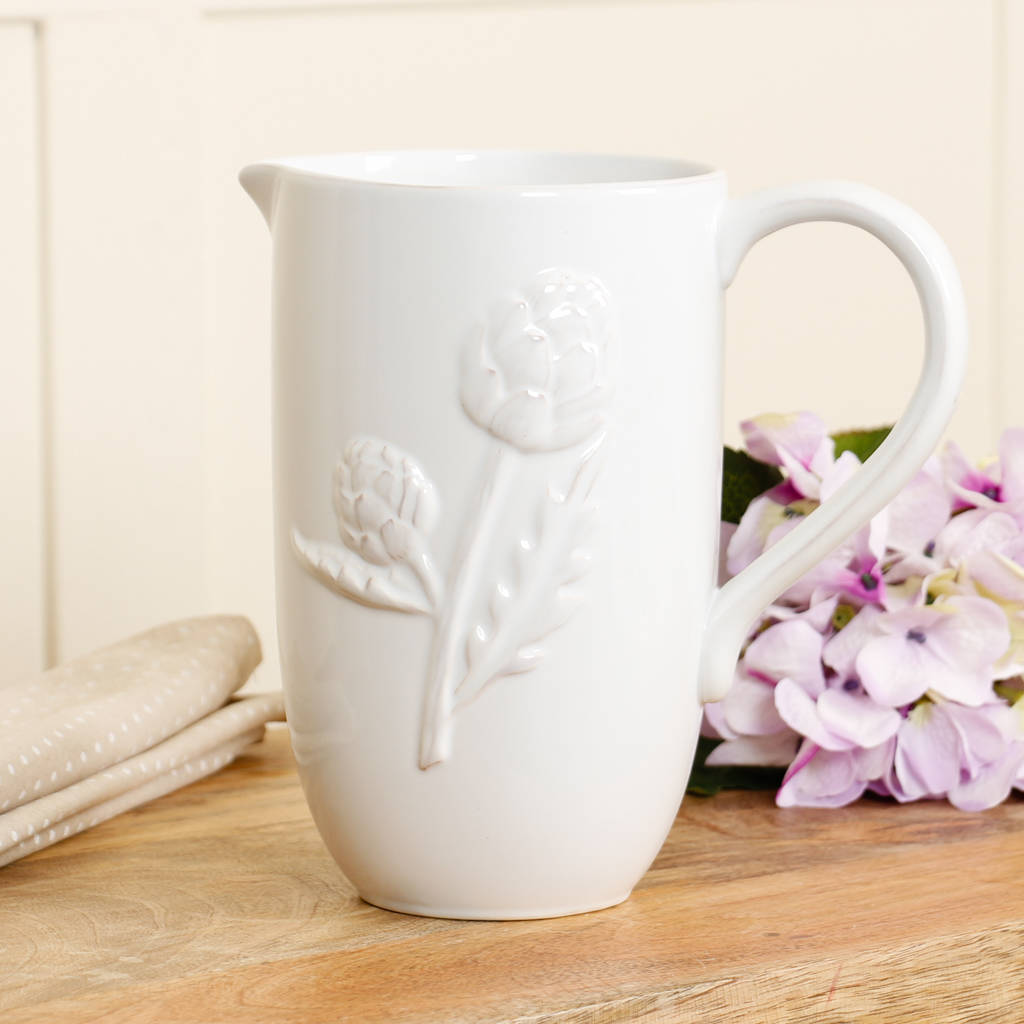 Artichoke White Ceramic Pitcher Vase By Dibor