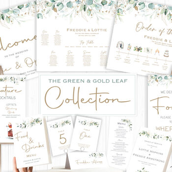 Wedding Table Menu Green And Gold Leaf, 4 of 4