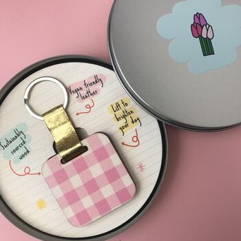 Personalised Pink Gingham Print Wooden Keyring, 6 of 6