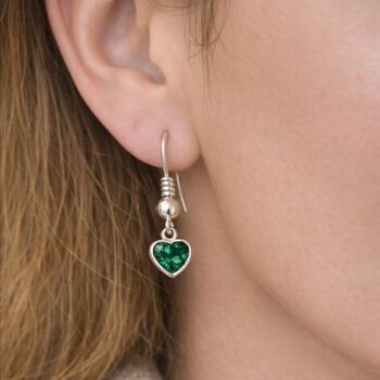 May Heart Birthstone Sterling Silver Earrings Emerald, 3 of 5