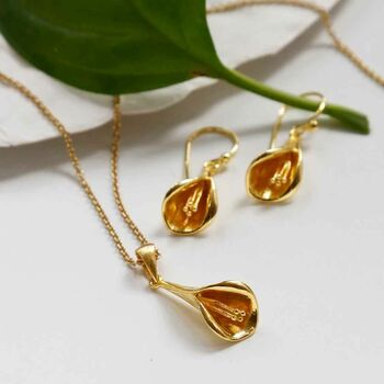 Gold Plated Sterling Silver Calla Lily Dangly Earrings, 3 of 5