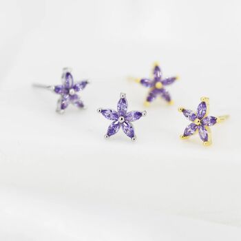 Amethyst Purple Cz Flower Stud Earrings Sterling Silver, 6 of 12