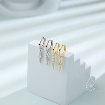 Sterling Silver Cz Lightning Bolt Huggie Hoop Earrings, 3 of 10