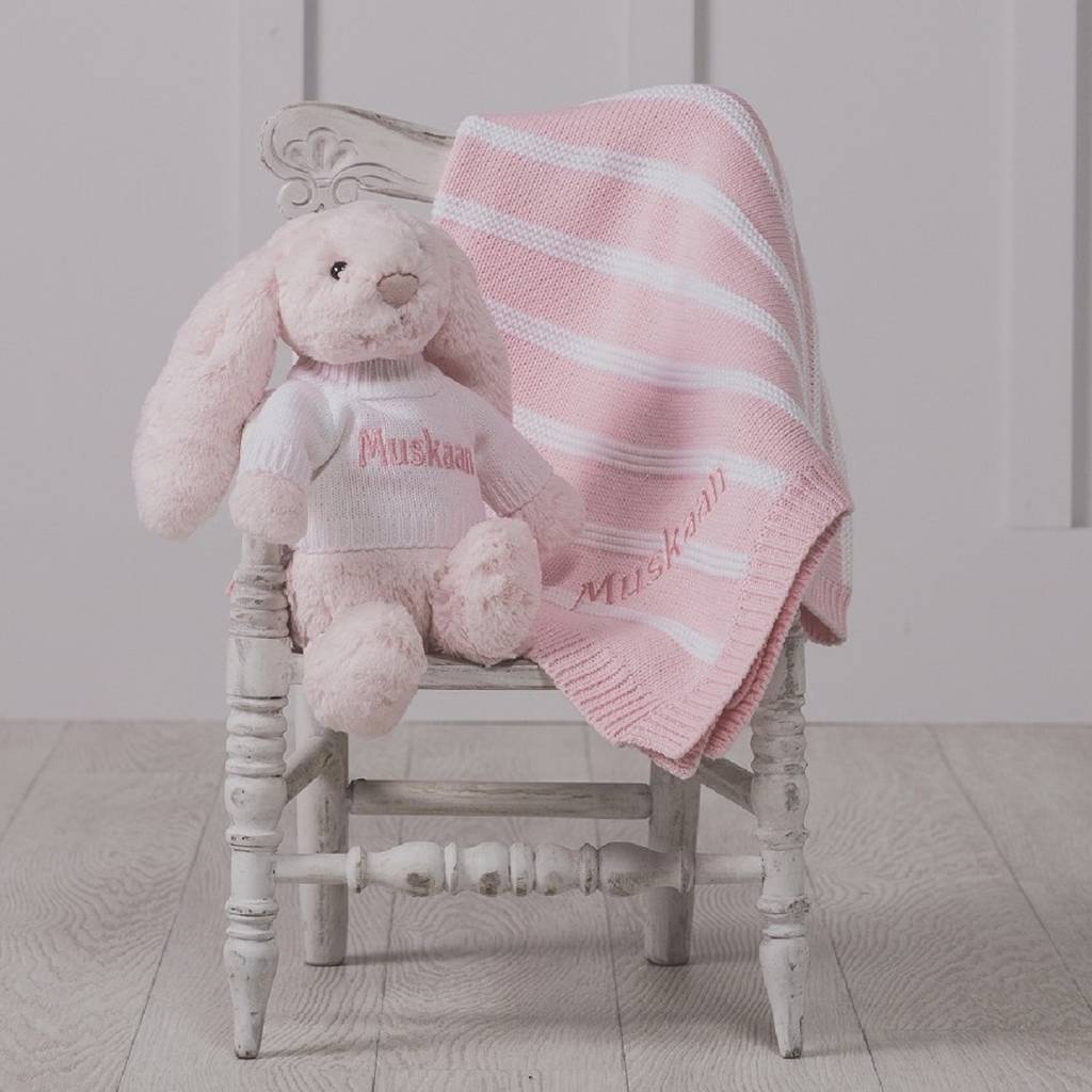 Personalised Striped Baby Blanket And Bashful Bunny Toy, 1 of 7
