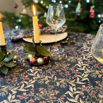 Luxury Heavy Linen Feel Tablecloth Christmas Ivy Navy And Gold, 2 of 7