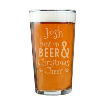Personalised Runs On Beer And Christmas Cheer Pint Glass Gift Boxed – Funny Christmas Gift Idea, 4 of 4
