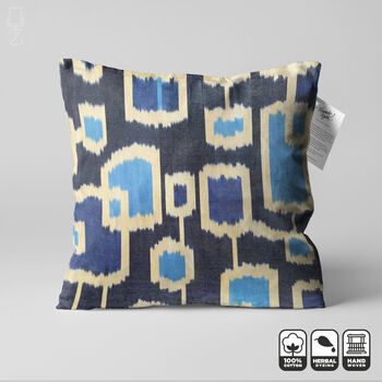 Traditional Handwoven Ikat Cushion With Blue Tones, 4 of 7