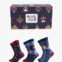 Festive Sausage Dogs Men's Bamboo Socks Gift Box Navy Red, thumbnail 1 of 4