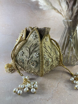 Gold Handcrafted Raw Silk Potli Bag/Wrist Bag, 4 of 4