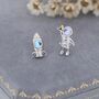 Mismatched Astronaut And Rocket Stud Earrings In Sterling Silver With Lab Moonstone, thumbnail 1 of 12