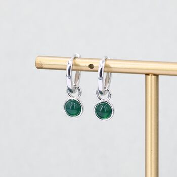 Sterling Silver Dangling Green Onyx Hoop Earrings, 4 of 11