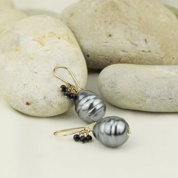 Grey Shell Pearl And Sapphire Drop Earrings, 2 of 2