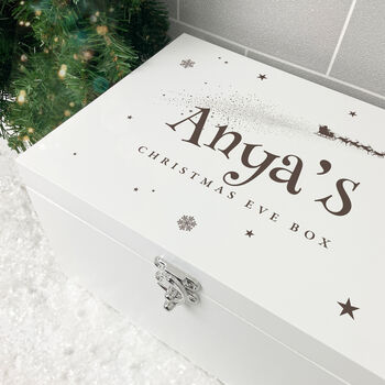 Personalised White Engraved Wooden Santa Sleigh Christmas Eve Box Three Sizes 22cm | 27cm | 30cm, 4 of 5