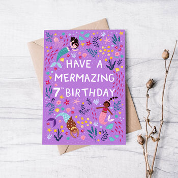 Mermaid Birthday Card, Girls 7th Birthday Card, 2 of 3