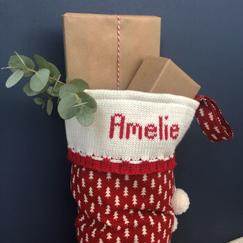 Red Personalised Christmas Stocking With Knitted Cuff, 5 of 6