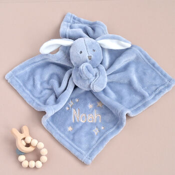 Personalised Blue Bunny Comforter New Baby Boy Gift, 4 of 6