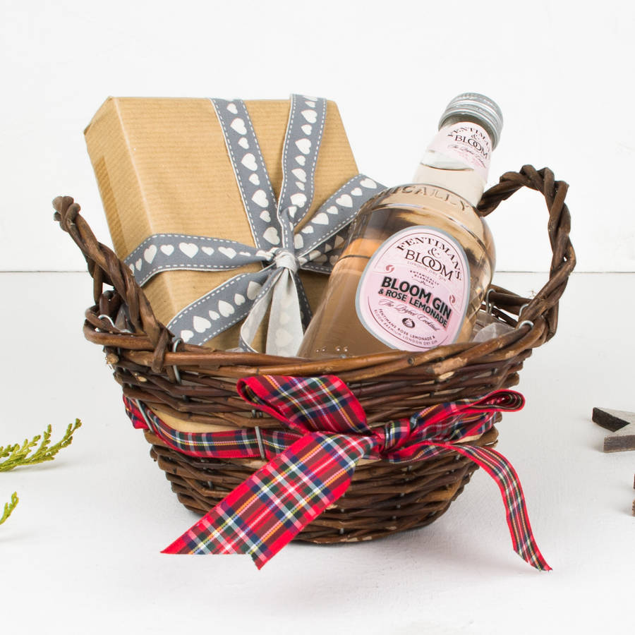 rattan hamper basket with tartan ribbon by dibor