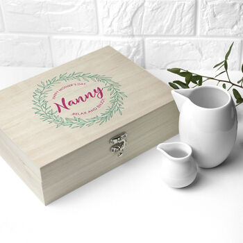 Personalised Leaf Wreath Mother's Day Tea Box With Tea, 9 of 9