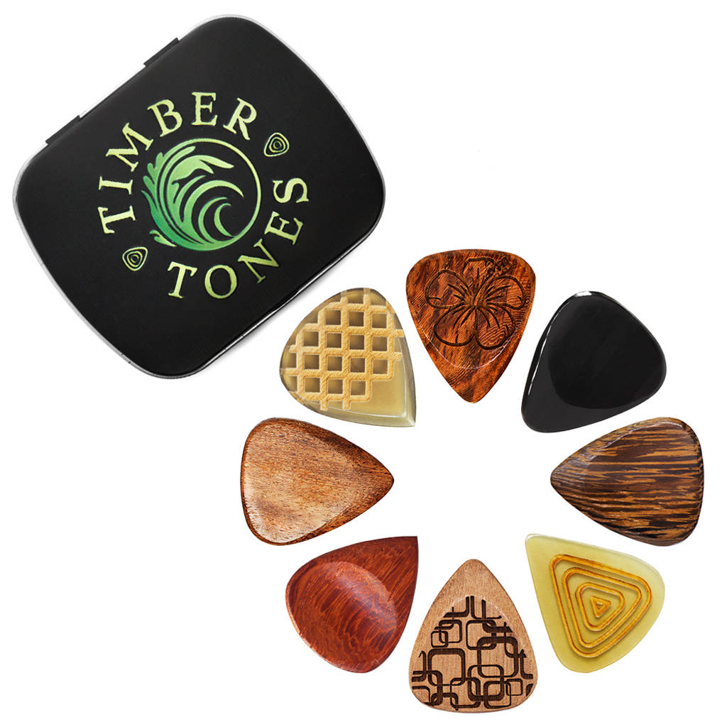 acoustic guitar tin of eight guitar picks / plectrums by timber tones