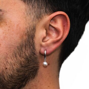 Mens Silver Pearl Dangle Hoop Earrings, 5 of 9