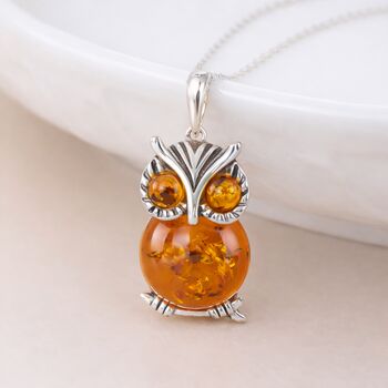 Personalised Sterling Silver Baltic Amber Owl Pendant Necklace, 6 of 10