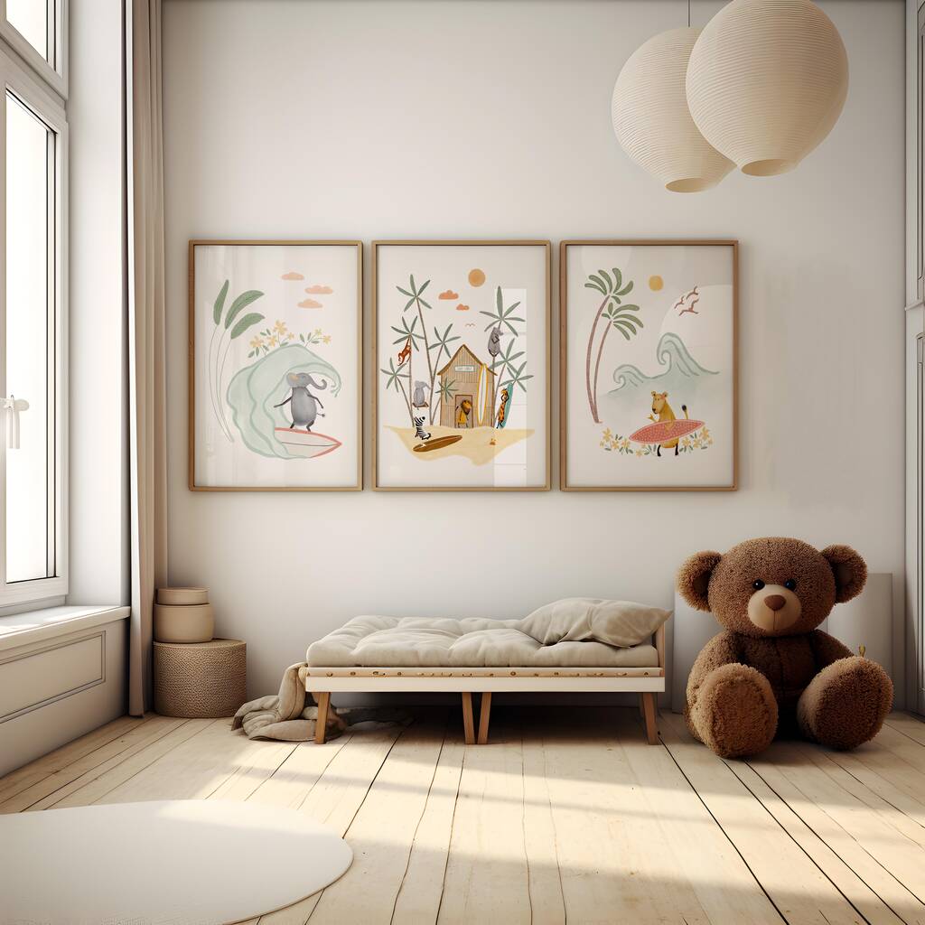 Safari Animal Beach Adventures Wall Art Prints Set Of Three, 1 of 5