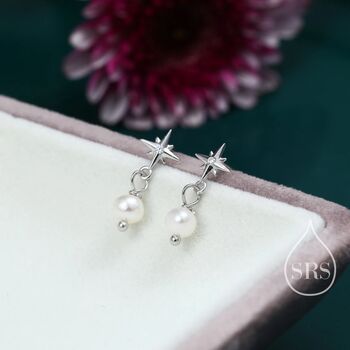 Tiny Starburst And Dangle Pearl Stud Earrings, 6 of 11