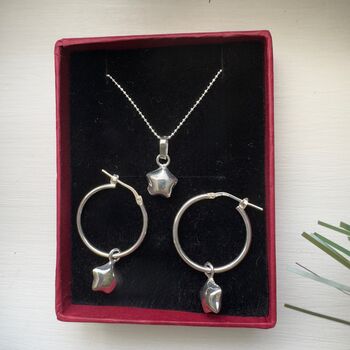 Sterling Silver Star Set Hoop Earrings And Necklace, 2 of 2