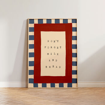 Don't Forget Milk And Bread Checkered Kitchen Wall Print, 3 of 9
