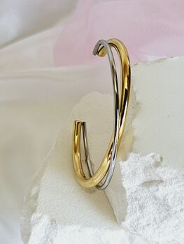 Two Tone Minimalist Open Cuff Bangle 18 K Gold And Silver Plated Stainless Steel Bracelet Everyday Wear Jewellery Gift, 3 of 6