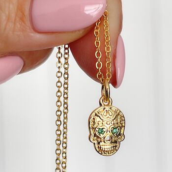 Skull Necklace With Emerald Crystals In Gold Plate, 4 of 5