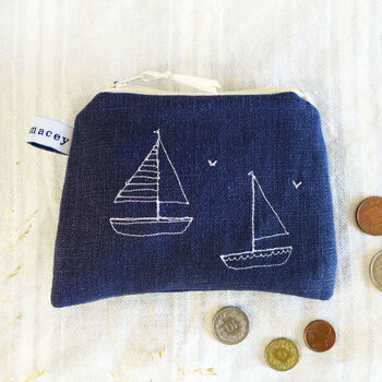 Embroidered Linen Boats Purse, 4 of 5