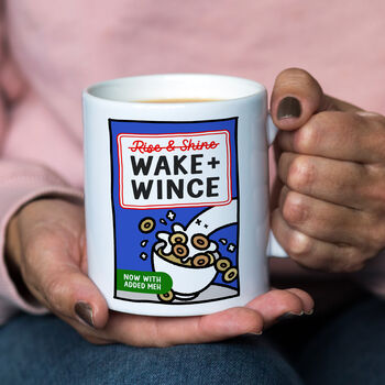 'Wake And Wince' Funny Parody Cereal Box Mug, 2 of 3