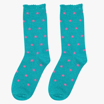 Women's Glitter Socks Aqua Blue Stars, 2 of 5