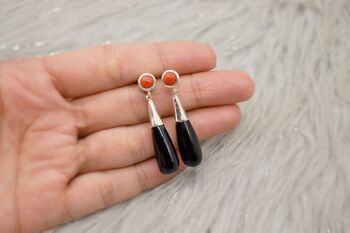 Black Onyx, Red Coral Silver Earrings, 6 of 6