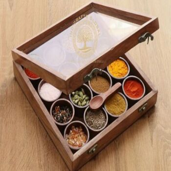 Wooden Handcrafted Spice Box With 16 Round Compartments, 4 of 4