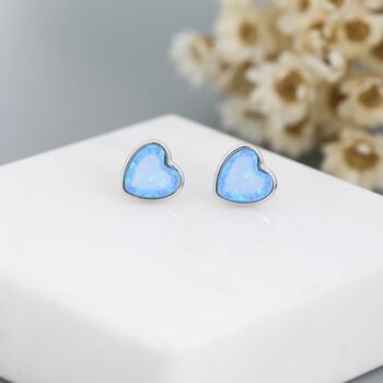 Blue Opal Heart Stud Earrings In Sterling Silver, 2 of 7