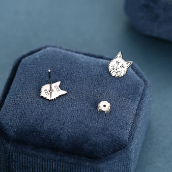 Sterling Silver Maine Coon Style Cat Face Stud Earrings, 5 of 12