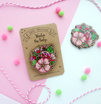 Pink Floral Bouquet Wooden Pin Badge, 2 of 3