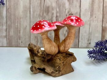 Handcrafted Red White Agaric Mushrooms On Teak Root Ornament, 4 of 6