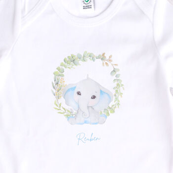 Personalised Baby Boy Elephant Footless Baby Grow, 2 of 3