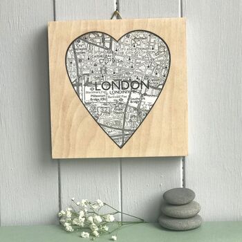 Personalised White Heart Shaped Map Print On Wood, 3 of 8