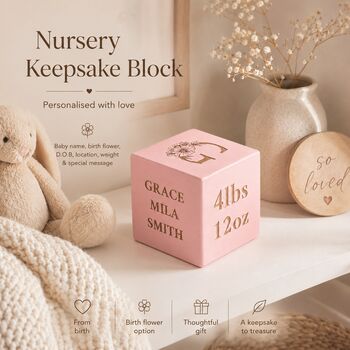Personalised Birth Flower New Baby Gift Keepsake Block, 4 of 12