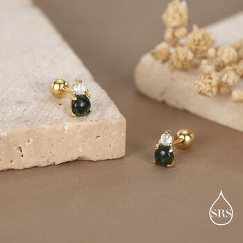 Sterling Silver Moss Agate And Cz Screw Back Stud Earrings With Ball Backs, 2 of 12
