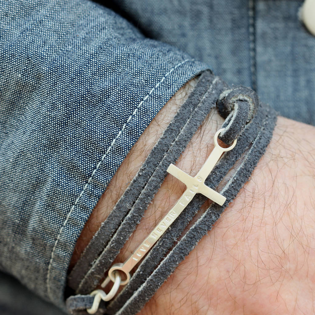 Mens Personalised Cross Leather Bracelet By Soremi Jewellery