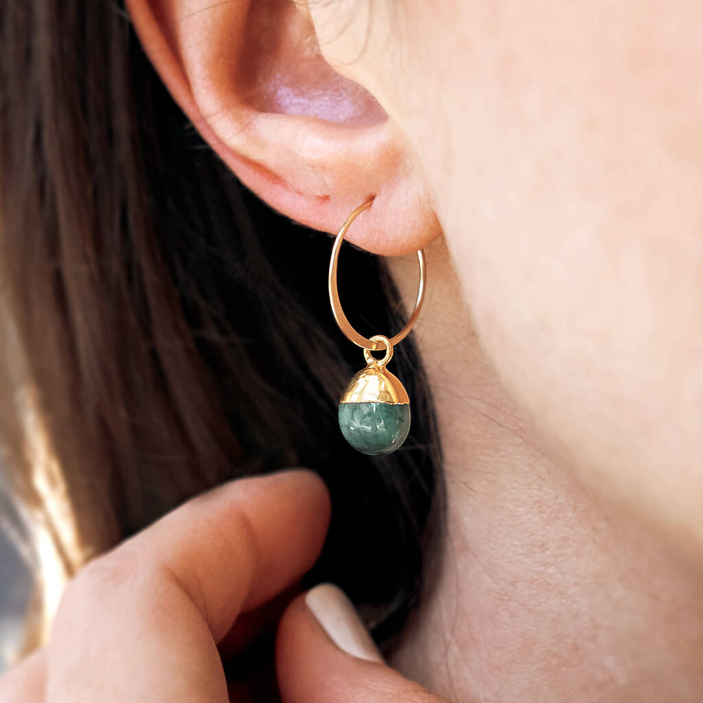 Gold Filled Emerald Hoop Earrings, 1 of 3