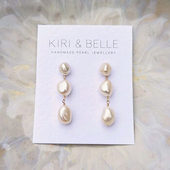 Laila Three Pearl Bridal Pearl Drop Earrings, 3 of 4