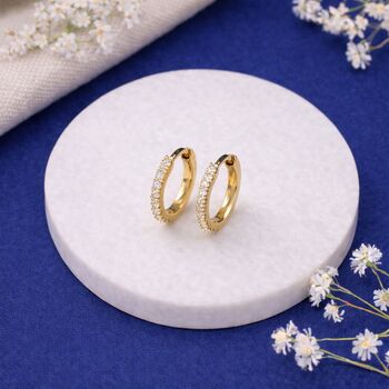 Solid 9ct Gold Diamond Huggie Hoop Earrings – 10mm, 2 of 7